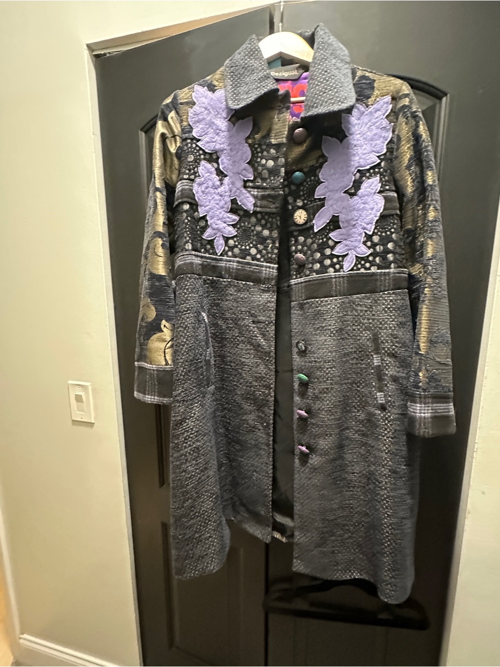 Desigual Gray Long Patchwork Trench with Lavender Appliqué